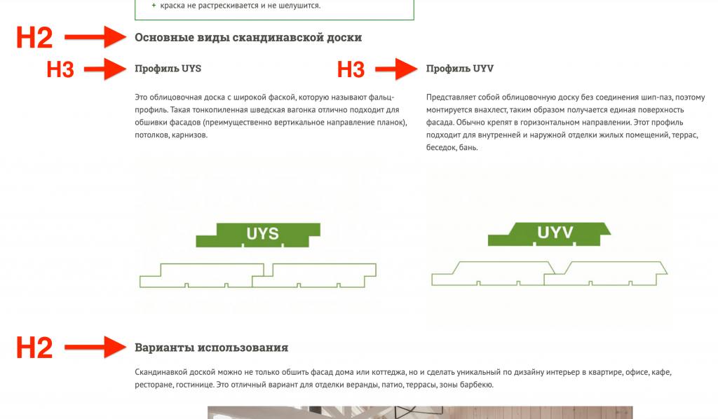 пример заголовков h2 и h3 на странице