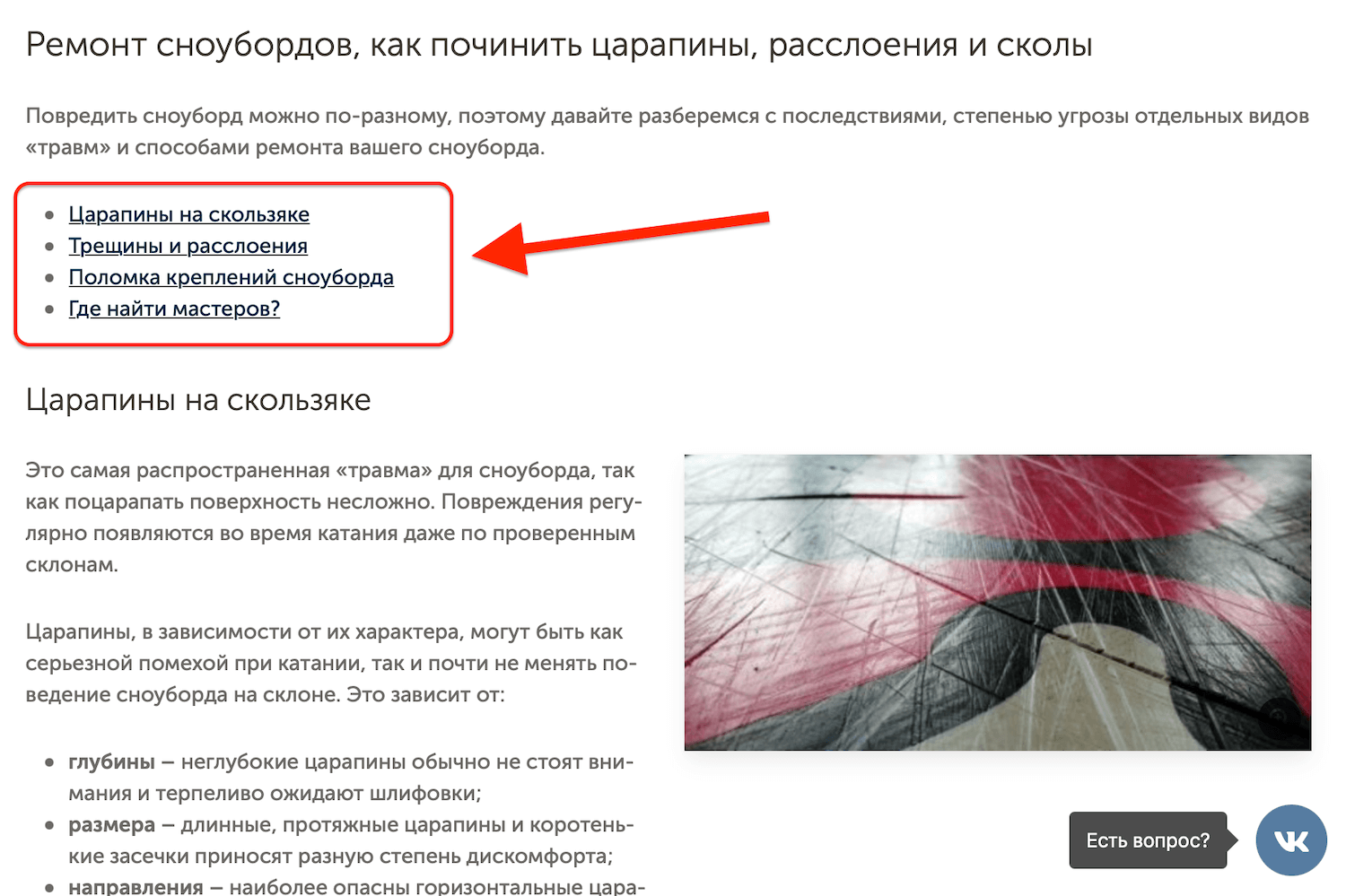 пример оглавления со ссылкам в статье про сноуборды