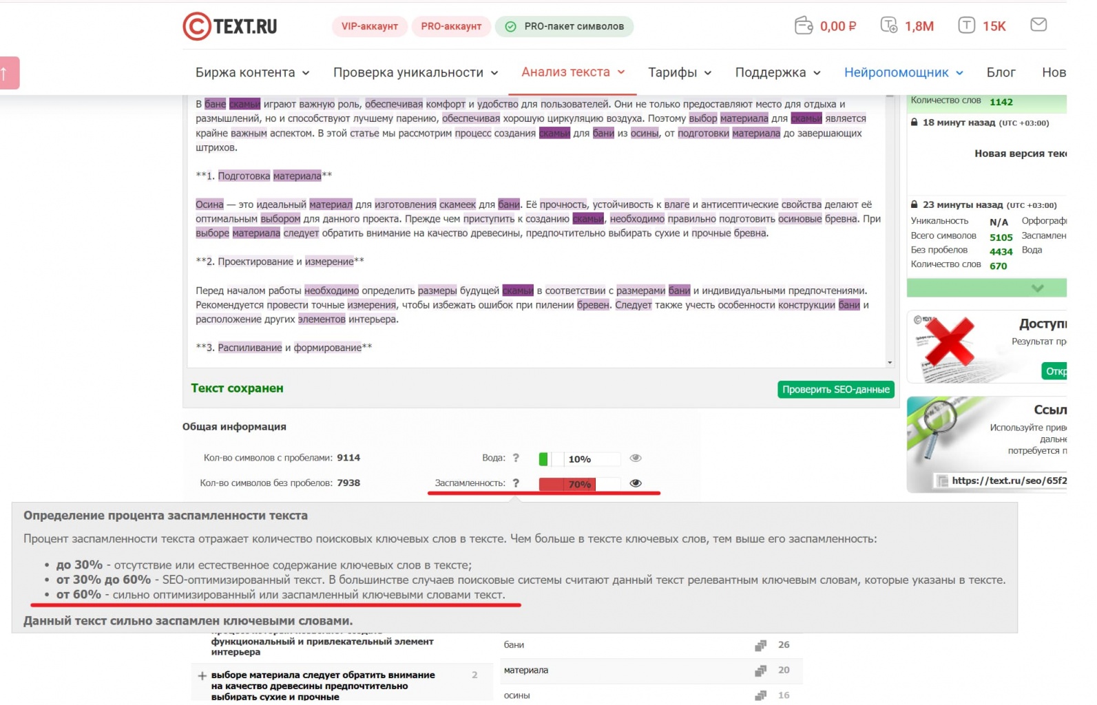 Скриншот: процент заспамленности текста ChatGPT