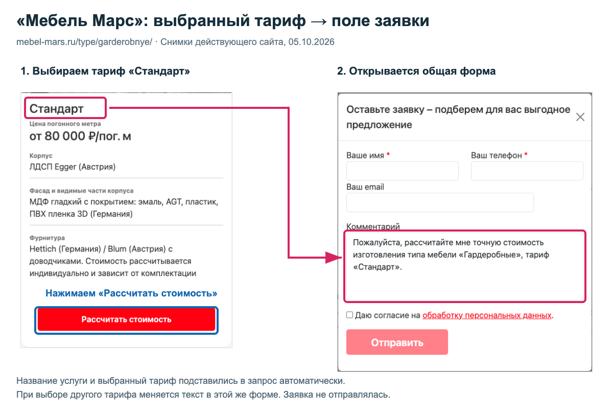 Сайт Мебель Марс: выбран тариф Стандарт, стрелка показывает его подстановку в комментарий открывшейся формы