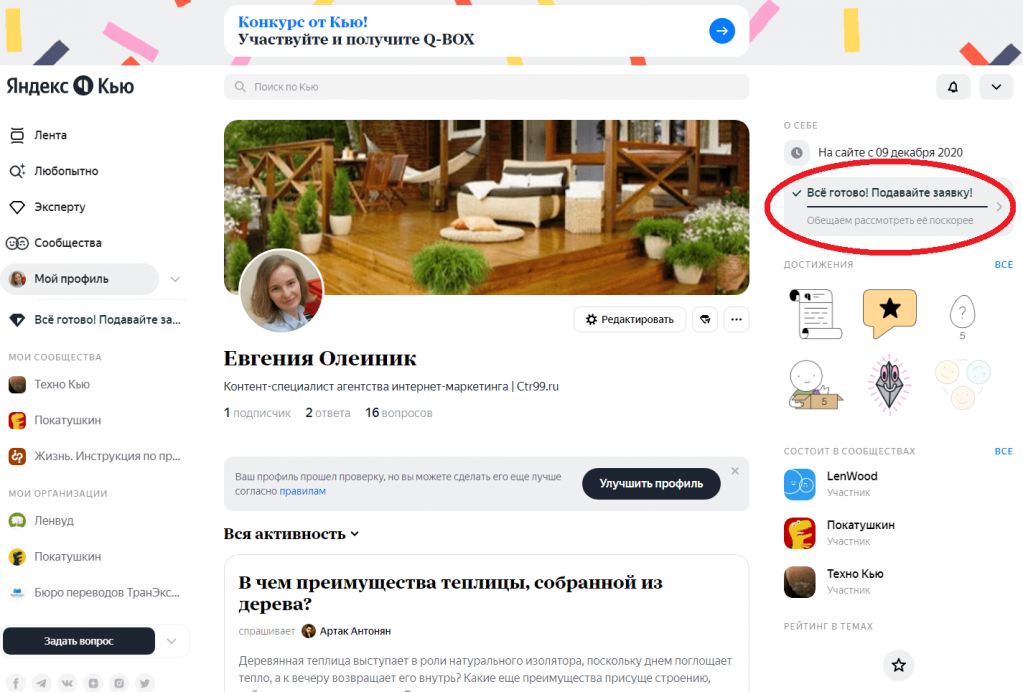 Пример подсказки для оформления заявки статуса эксперта на Яндекс.Кью